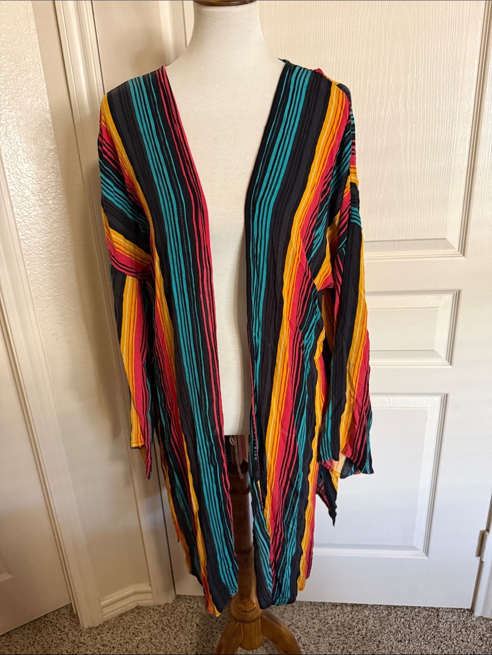 Rock & Roll Cowgirl Long Striped Cardigan Kimono w/ Side Slits Sz Large